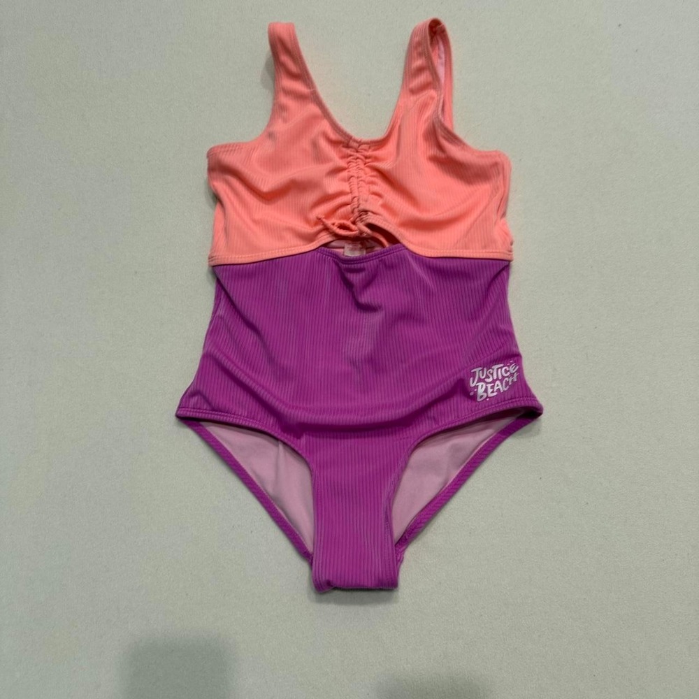 Justice Beach Girls One Piece Swimsuit Ribbed Colorblock Pink Purple Size 16/18